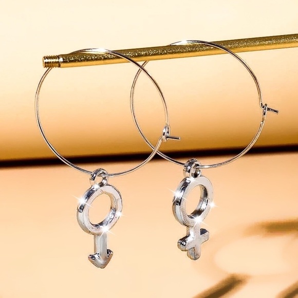 Any 4/$25! Silver Male/Female Symbol Wire Hoop Earrings - Picture 1 of 7